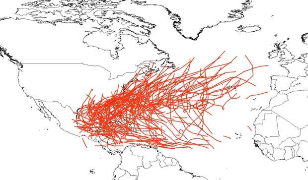 Figure 1 displays the tracks that tropical cyclones have taken during the period from September 28 October 11 for the years