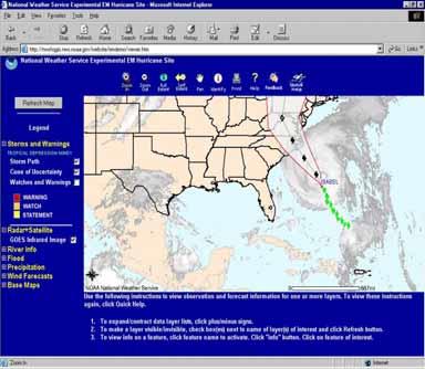 forecasts of wind speed and near-real-time information from NWS weather satellites and river gauges, to aid users in assessing potential impacts to an area of interest with the approach of tropical
