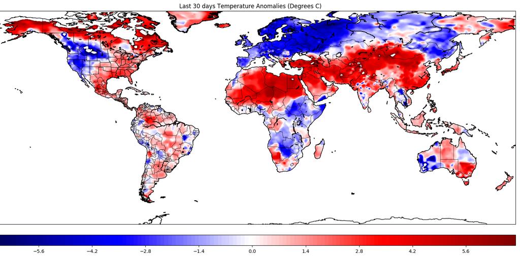 Last 30 days of temperature anomalies. Source Climate Prediction Center. with any certainty what summer will bring.