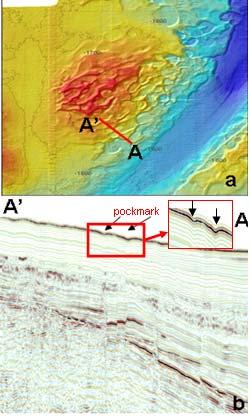 fluids along faults in the highly faulted interval, forming pockmarks at the seafloor (Gay et al., 2006). Pockmarks are visible on the multibeam data as well as seismic sections (Fig. 9).