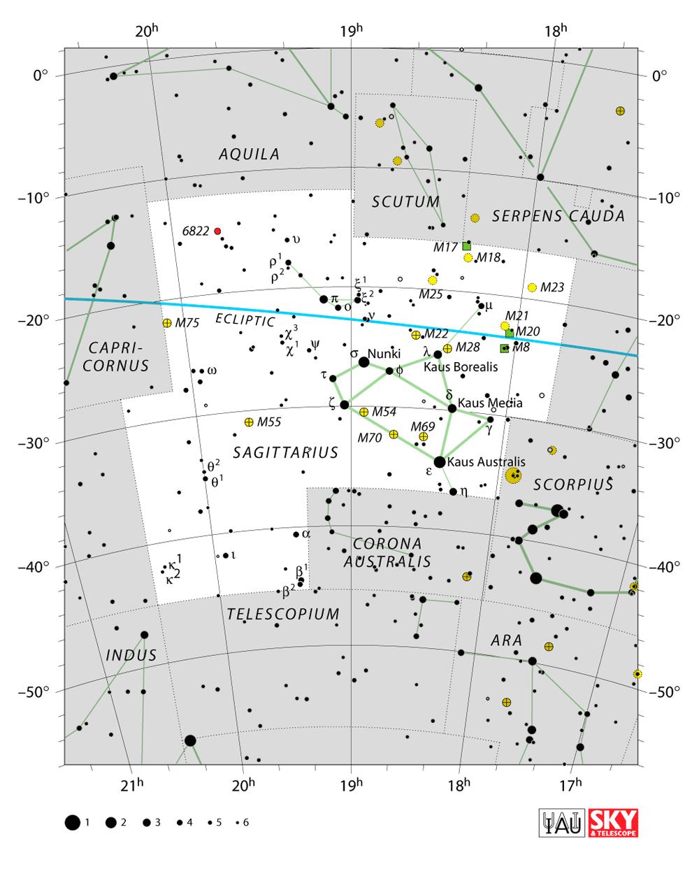 M8 Lagoon Nebula Chart 9 Sagittarius RA 18h 03.7m Dec -24 23m Size 45 x 30 Mag 5.