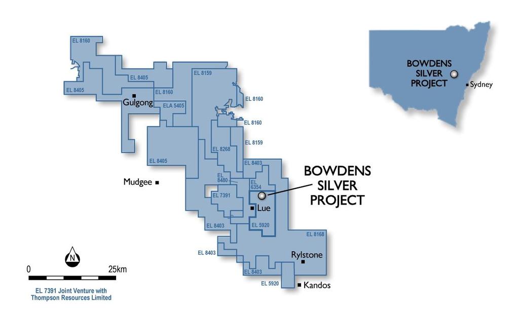 About the Bowdens Silver Project The Bowdens Silver Project is located in central New South Wales, approximately 26 kilometres east of Mudgee (Figure 5).