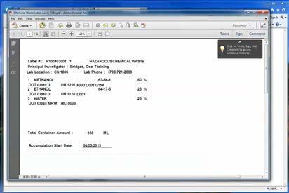 Click on Report in the far right column to produce a container label for your exchange chemicals. Notice that Report follows each container detail that has been entered.
