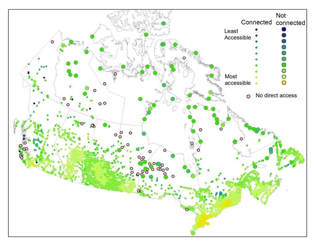 Example: accessibility measure to Health care and social assistance (NAICS code 62) Note: each dot represents a