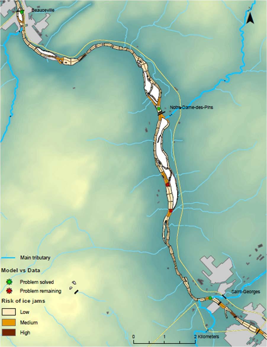 Figure 5 : Improved results for the same 30 km river reach of the Chaudière River (Figure 2) The adjusted conceptual model solves the problem for three segments incorrectly forecasted by the initial
