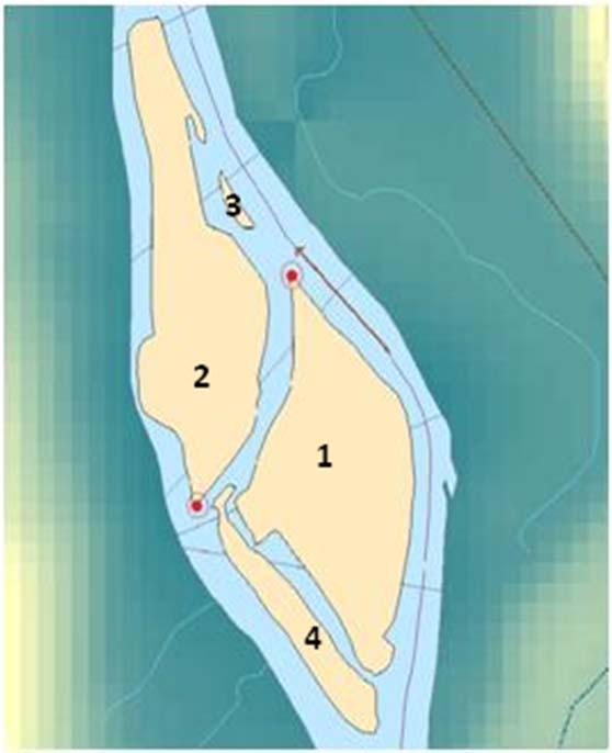Figure 2 : Complex case of islands. The upstream point of an island presents a higher risk for ice jamming (due to shallow water), then all island heads must be identified.