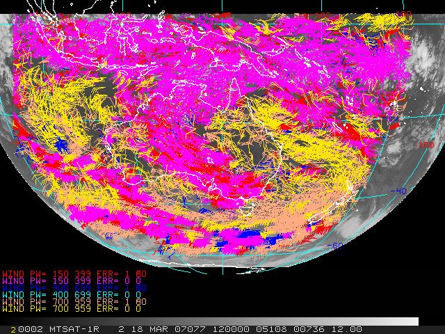 Fig. 1 (a) MTSat-1R AMVs generated around 12 UTC on 18 March 2007.