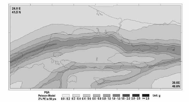 Chapter 6. Loss calculations for the Marmara region A similar hazard map produced for the Marmara region by Erdik et al. (2004) is presented in Figure 6.2. Close inspection of Figure 6.1 and Figure 6.