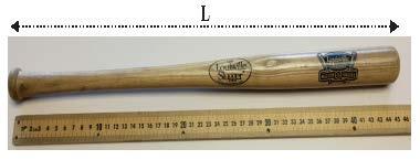 A small bat, as shown to the right, has a length of L = 45.0 cm and a mass density that varies with distance from the left end of the bat according to the relationship λ = (0.196 + 2.