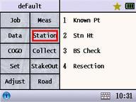9. STATION Before surveying and staking out, user should set the station by known points. Menu of Station setting 9.1 KnownPt Set the backsight point by the known point.