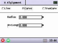 Input the parameter of circular curve. curve: To input the parameter of circular curve. Radius: Input the radius of circular curve, positive value means turning right, minus value means turning left.