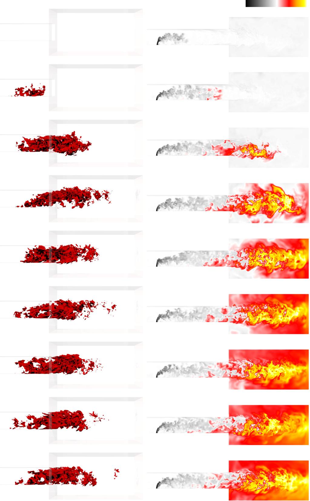 13 Figure 10: Ignition sequence for case 10B 1350K with the time trace of volume integrated temperature (top), and instantaneous snapshots of a 3-D rendering of temperature iso-surface at 1500 K