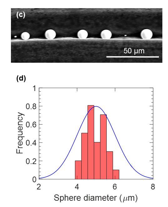 (b) Transmission optical micrograph of a fibre after break up with chalcogenide glass spheres with an average radius of 5μm, connected to