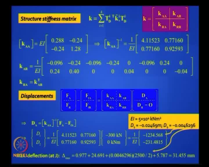 (Refer Slide Time: 33:10) So what will be the formula EI/L? That is it. And L for this is 2.5 meter. So you are ready with all the k matrices. You got the T D matrices.