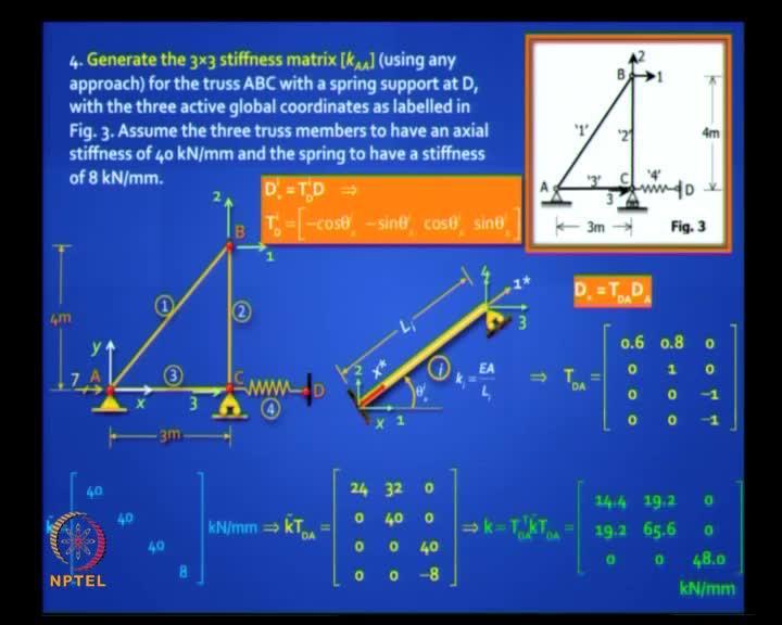 (Refer Slide Time: 44:40) Last problem. Again simple. It is a truss. All you needed to do is to generate the stiffness matrix, nothing more, by just multiplying some matrices. This is the problem.