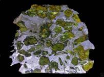 25 26 A stony-iron meteorite from the region near the core. Note the green olivine crystals.