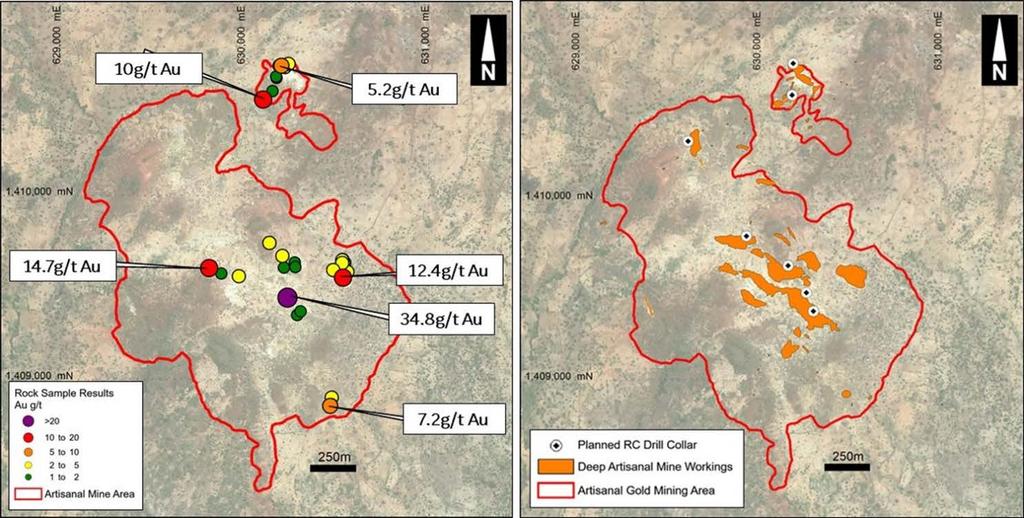 Figure 5: Rock chip sampling results and planned RC drill holes on gold artisanal mining site Soil Geochem Anomaly Target Mako geologists identified a 1.