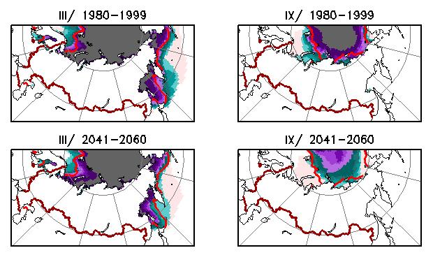 Simulated (1980-1999) and projected (2041-2060) sea ice distribution in March and September