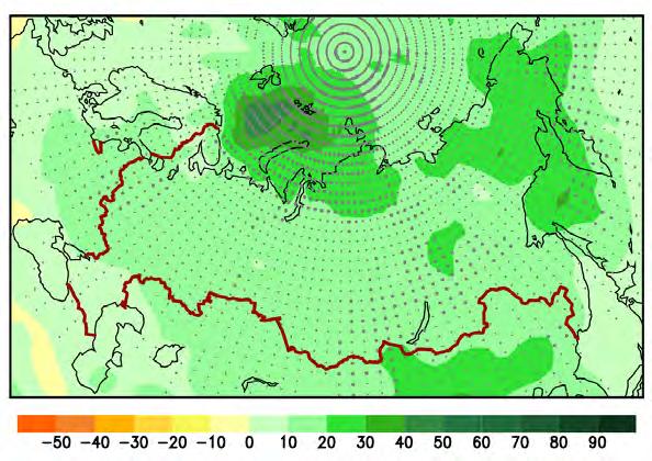Changes in total precipitation (%) over Russia and adjacent