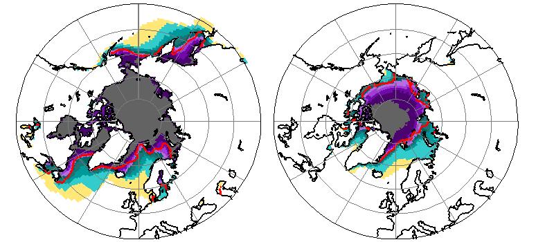 Simulated sea ice distribution in the N.Hemisphere For February and September ( 1986-2005) February CMIP5 models September For each 2.5x2.