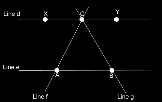 The top point of the triangle should intersect line d. Both bottom points of the triangle should intersect line e. Step 3 : Label each point as A, B, C.