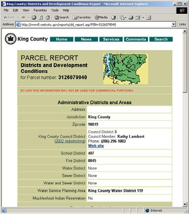 Districts and Development Conditions Report Drill down type report Accepts a parcel number in the URL. This is how most people arrive at the report.