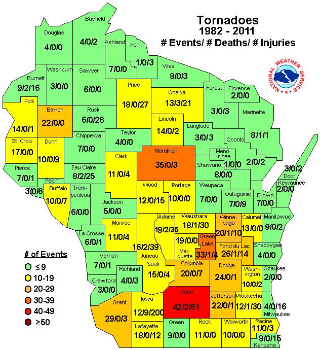 Large or populated counties typically have the higher tornado