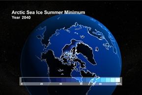 The image at left, based on simulations produced by the Community Climate System Model, shows the approximate extent of Arctic sea ice in September.
