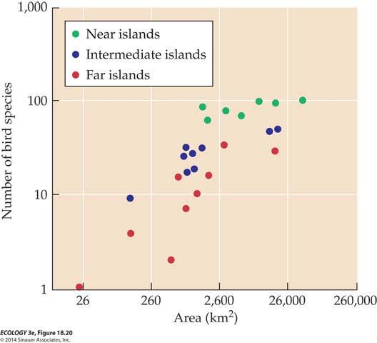 Theory of Island Biogeography (MacArthur and Wilson 1967) Area and distance (=isolation) influence rates of immigration