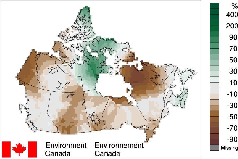 Precipitation Departures from the 1961 1990 Average Winter 2014 2015 It should be noted that average precipitation in northern Canada is generally much less than it is in southern Canada, and hence a