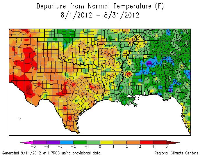 Average temperatures (left) and departures from 1971 2000 normal average temperatures (right) for August 2012, across the South.