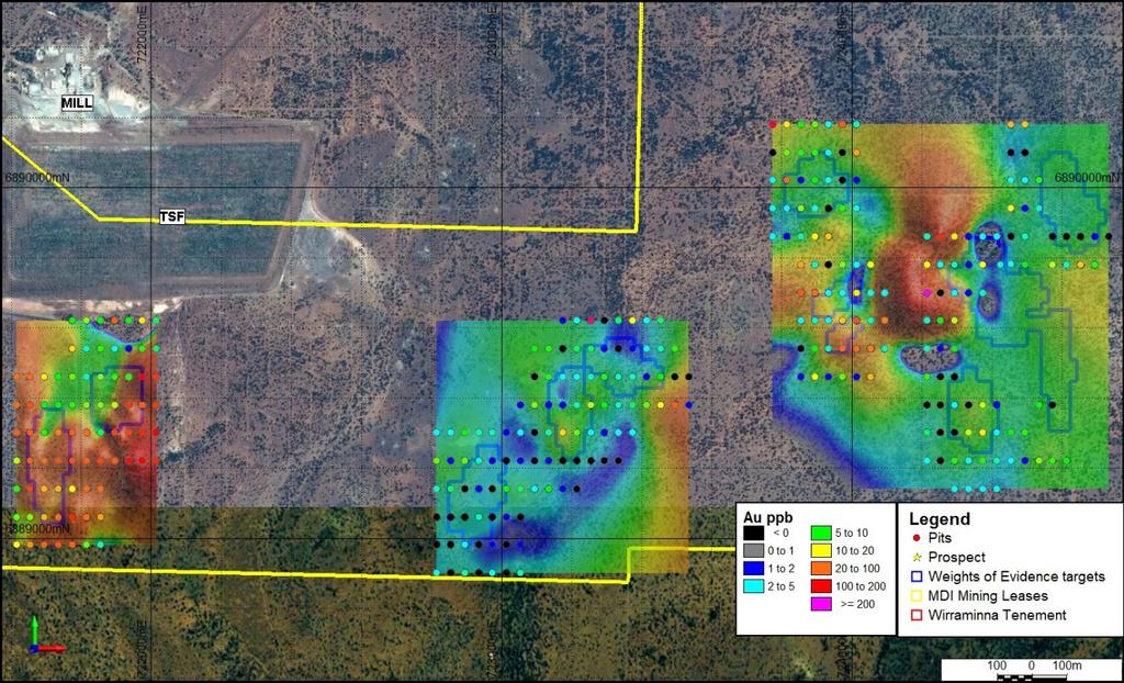 ASX Release 18 April 2019 Phase 1 of an aircore geochemical sampling programme was completed over the southern WoE targets in order to penetrate the sheetwash cover to sample the interface between