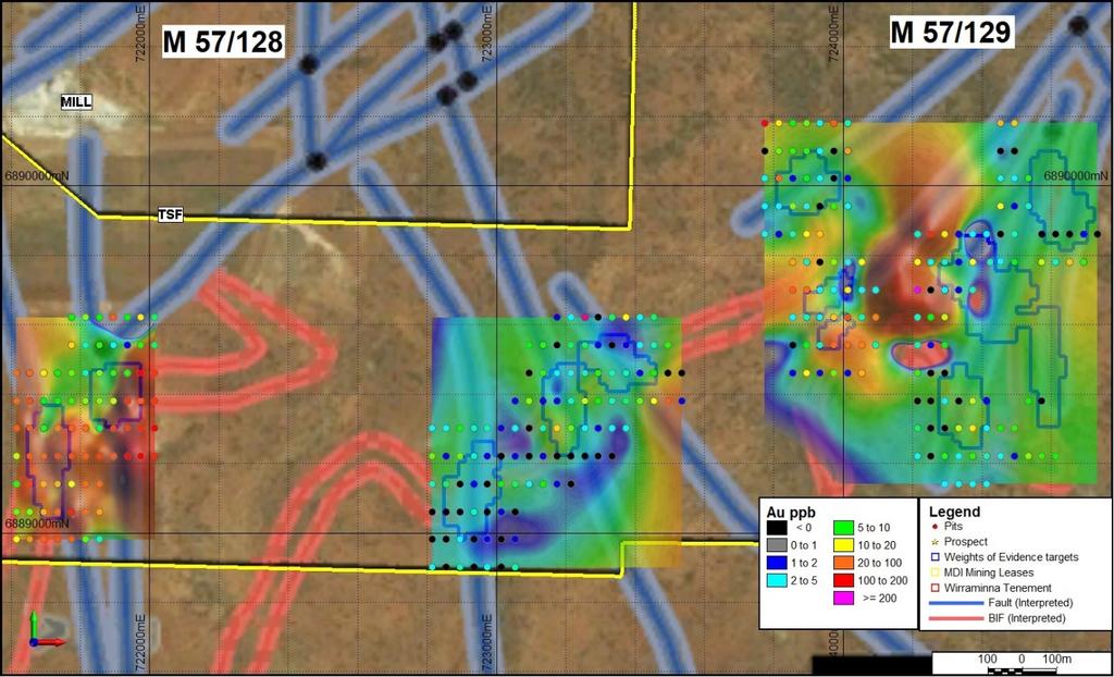 Figure 3 ASX Release 18 April 2019 WoE targets imaged aircore gold values showing interpreted structural and lithological influences on mineralisation (Orefind, 2017) Further aircore drilling will be