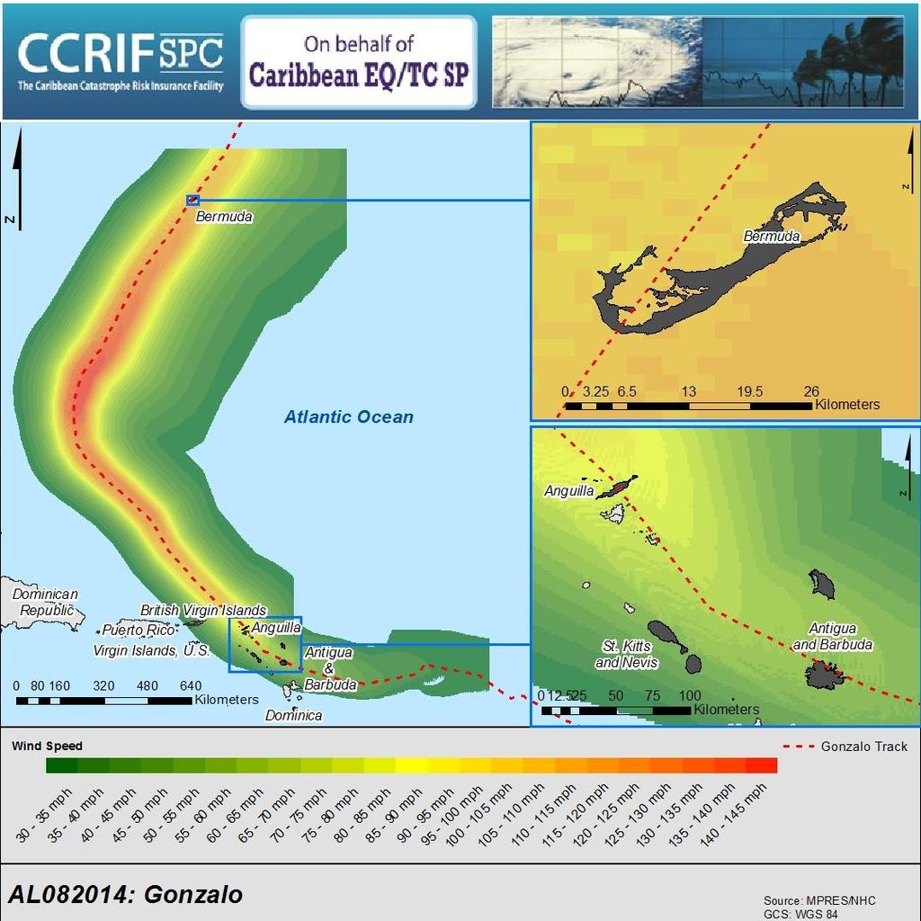 Figure 1 Map showing the path and wind footprint of Tropical Cyclone Gonzalo.