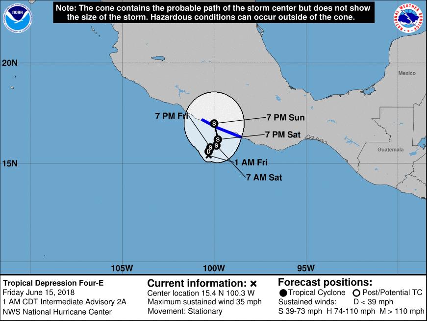 Tropical Depression Four-E (Advisory #2A as of 2:00 am EDT) Located 105 miles south-southwest of Acapulco, Mexico Currently stationary, will meander for the next few days Maximum sustained winds of
