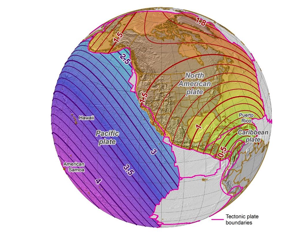 The difference for the US territories Guam and the Commonwealth of the Northern Mariana Islands (CNMI) on the Mariana tectonic plate (not shown) is about 1.3 m.