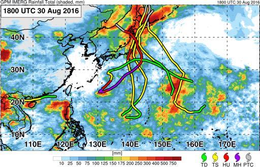 Loops: Lionrock and TC Friends GPM IMERG summed precipitation total from 15 30 August 2016 (shaded, mm), TC tracks annotated on plot Japan TC landfall statistics Credit JMA & Naoko Sakaeda Aug West