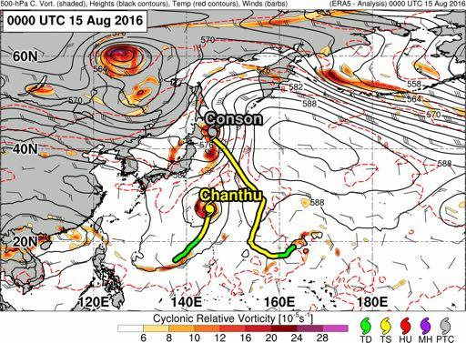 Loops: Lionrock and TC Friends 500-hPa cyclonic vorticity (shaded, > 6 10-5 s -1 ), geopotential height (black
