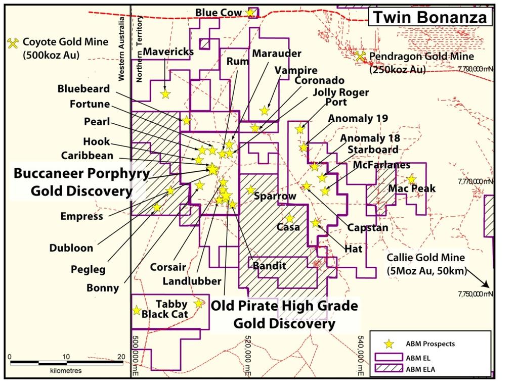 About the Twin Bonanza Gold Camp The Twin Bonanza Gold Camp is centred approximately 22 kilometres south of the Tanami Road and 14 kilometres east of the Western Australia ern Territory border.
