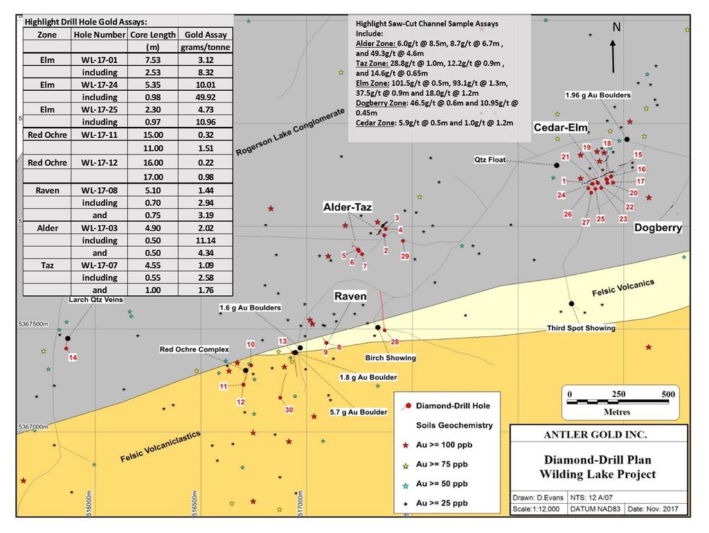 WILDING LAKE Project Q3/17 Drill Hole Plan-Geology Mineralized zones tested with 2599m of