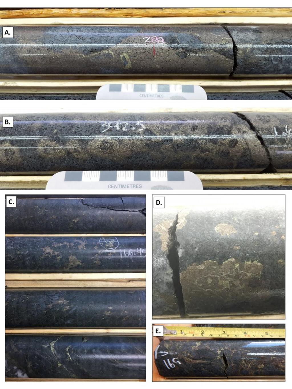 Figure 3 Drill Cre Phts Fraser Lake Cmplex Drilling 2017. (scale = Cre Diameter 47.6mm) A. FLC-2017-003 - Semi-massive sulphide (massive sulphide with inclusins f runded gabbr barren fragments) B.
