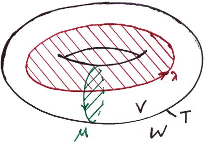 Then define: V = {(z, w) S 3 : w 1}, W = {(z, w) S 3 : z 1}, T = V W = {(z, w) S 3 : z = w = 1} = T 2. Recall that D S 1 is a solid torus. We refer to any curve of the form D {z} D S 1 as a meridian.