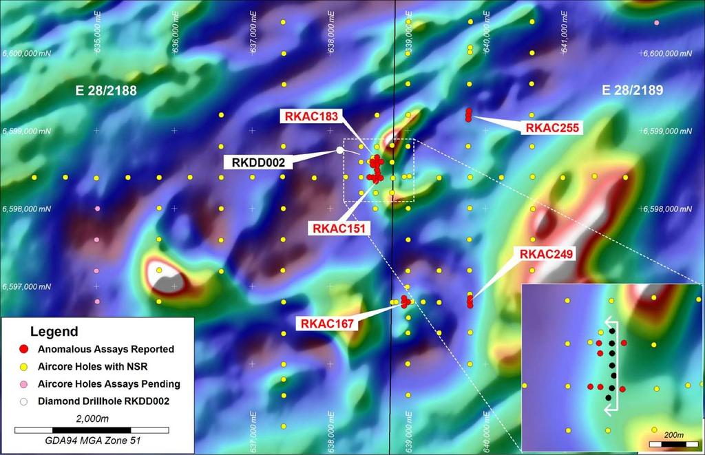 AREA D AIRCORE DRILLING Multiple aeromag targets within 16km x 5km feature Area D Drillholes on Aeromagnetics RC/DD Drilling July 2016 Positive petrology November 2017 June 2018 153