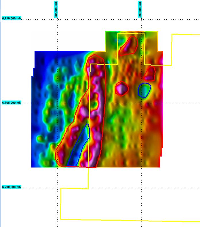 Ground gravity data is also available and shows a distinct high within the intrusion.