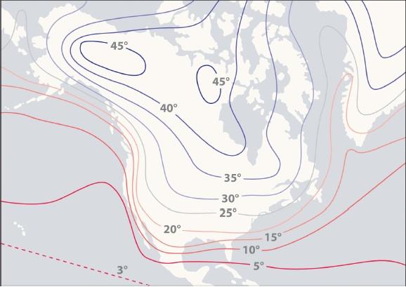 8. The contour diagram shows the average Celsius temperature difference between January and July in North America. (a) The contour diagram represents a two-variable function.