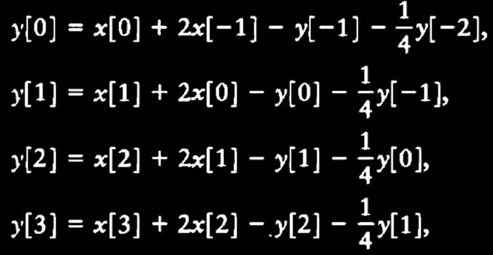Computing y[n] for n > 0 from x[n] for second-order difference equation (2.37), (2.