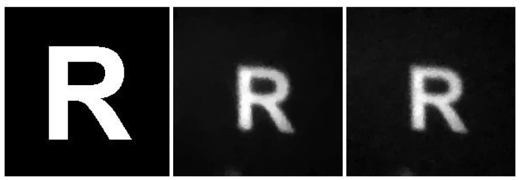 25 Figure 2.3: Reconstruction results from the Rice single-pixel camera. Left: Original image. Middle: Reconstructed image with 10% measurements.