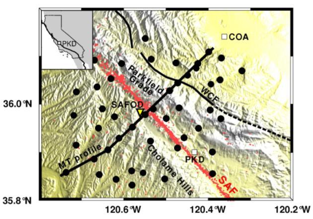 Results from DeepRoot MT data along a 45 km long profile across the SAF near the SAFOD (Fig. 1) was used to derive a crustal electrical resistivity model.