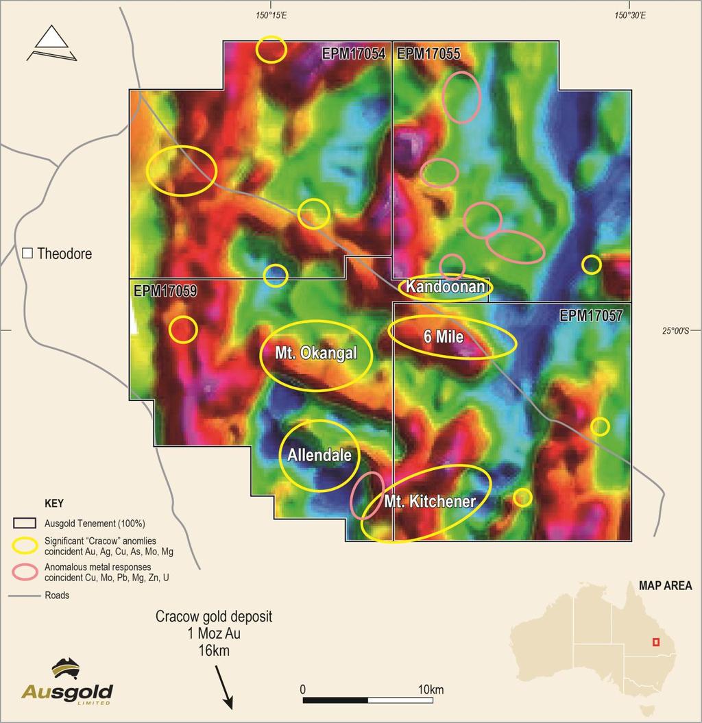 Figure 11: Cracow Project tenement holding underlain by magnetic imagery with new targets highlighted Yamarna, Western Australia (AUC 100%) The Yamarna Project is located approximately 125 kilometres