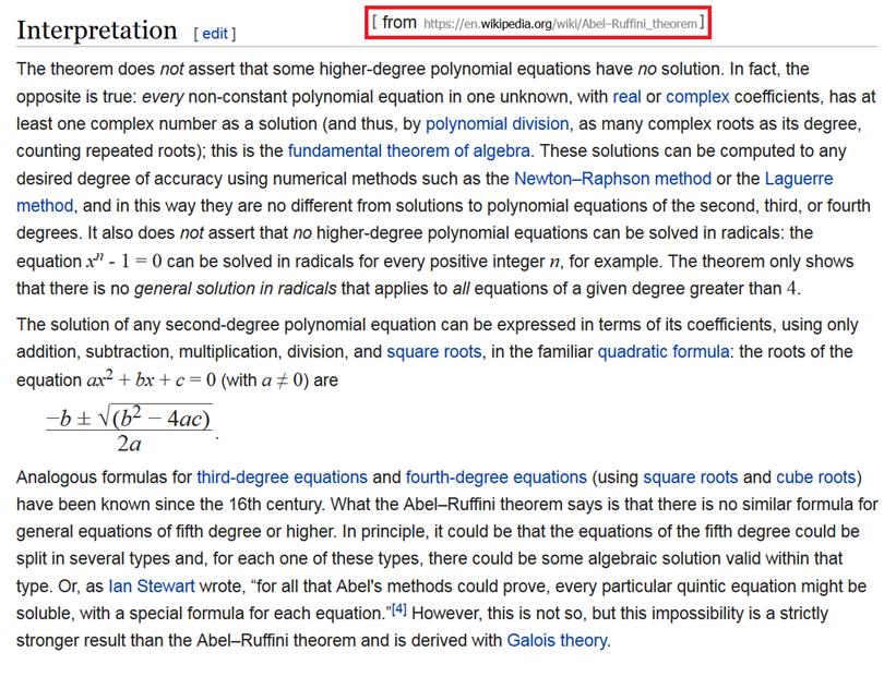Solutions by Radicals For quadratics, cubics, and quartics all roots epressible from coefficients using addition, subtraction, multiplication, division, and square-, cube-, and fourth-roots.
